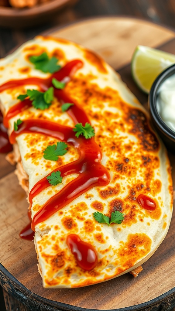 A golden brown barbecue chicken quesadilla filled with cheese and chicken, served with sour cream and lime on a wooden board.